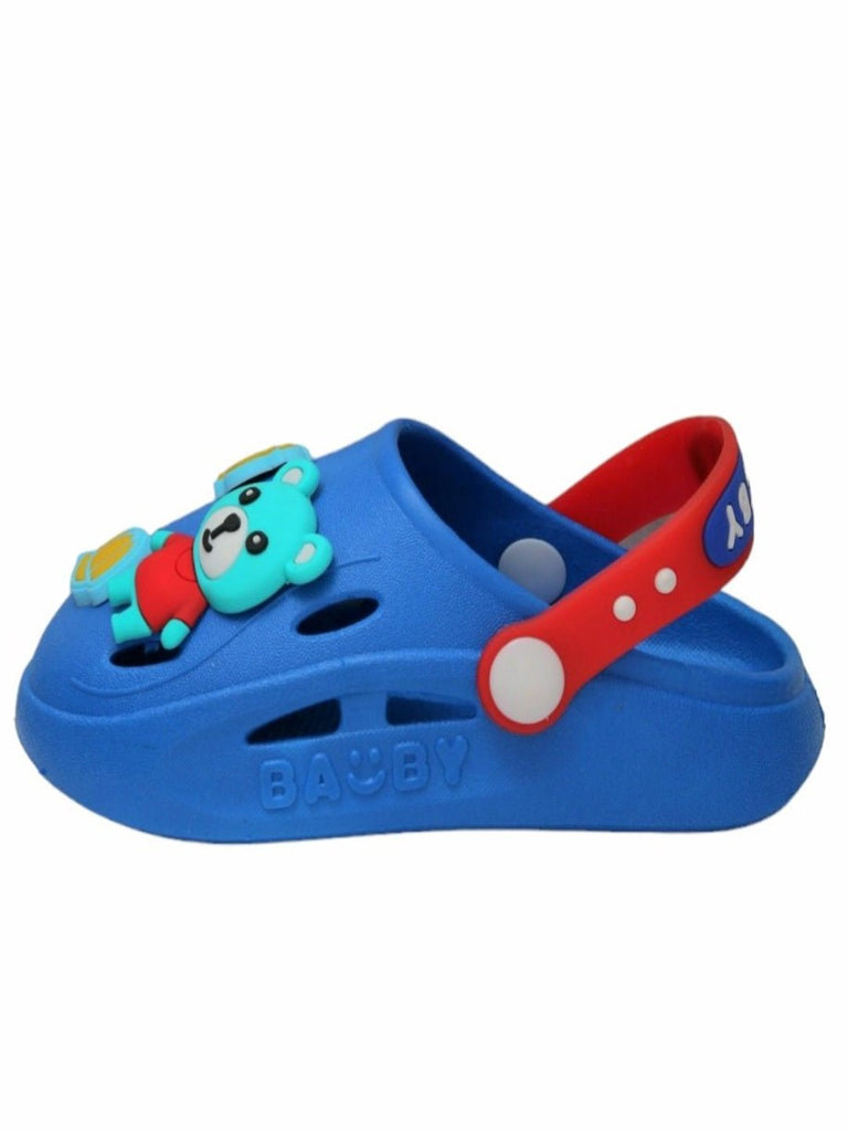 Side view of the Yellow Bee Boy's Blue Teddy Bear Adventure Clogs, emphasizing the sturdy flat heel and colorful side decorations.