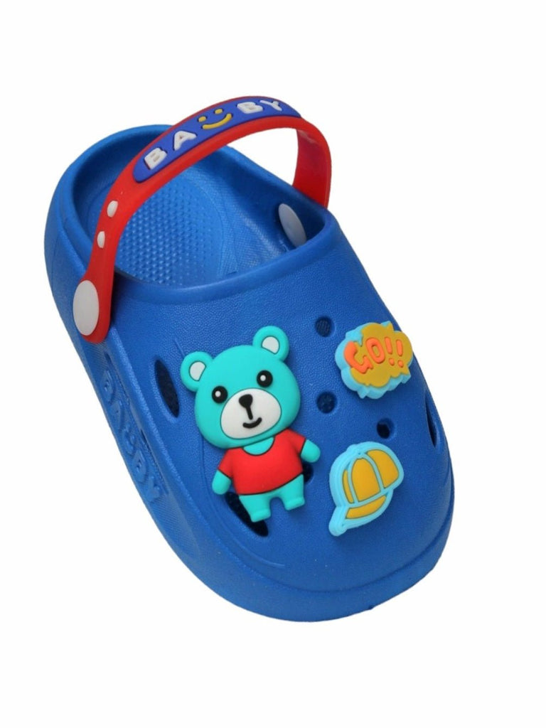  Side angle view of Yellow Bee Boy's Blue Teddy Bear Adventure Clogs, featuring vibrant decorations and slingback closure.