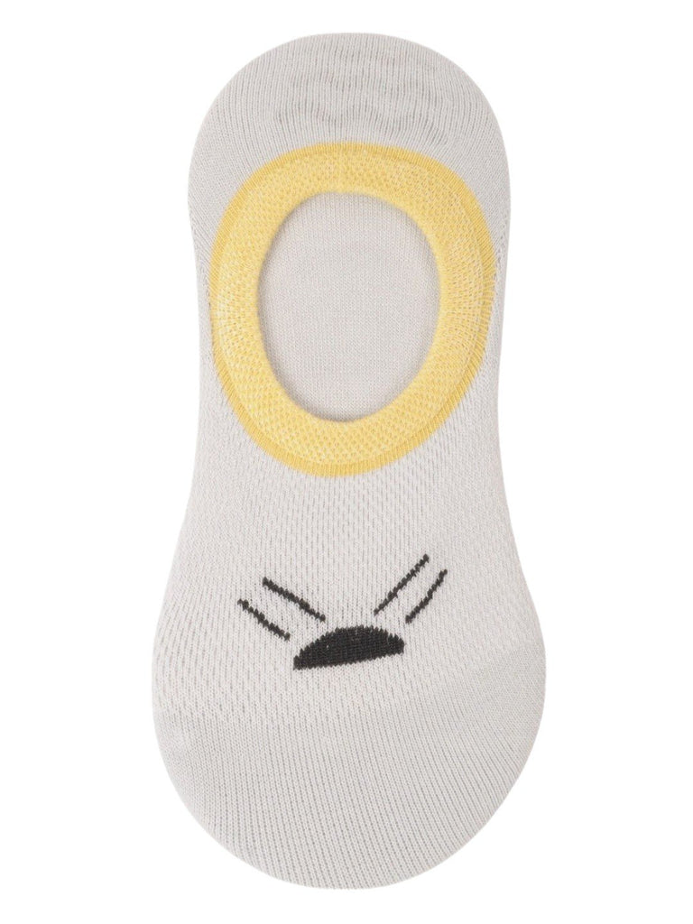 Gray no-show ankle socks for kids featuring playful animal face design.