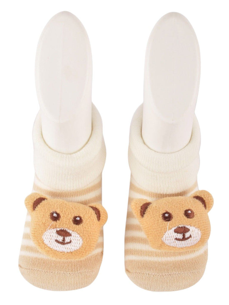 Detailed front view of Baby Bear Face Striped Socks with playful 3D bear design.