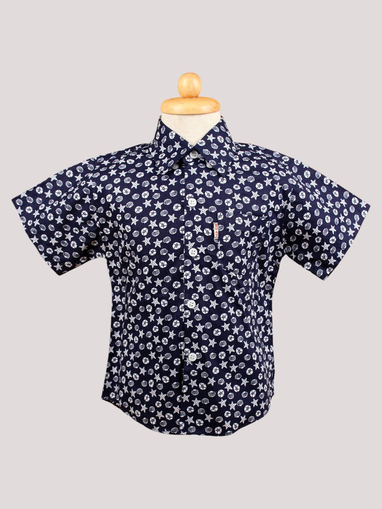 Front view of Boys' Blue Camo Print Shirt with Black Bow Tie for a stylish and trendy look.