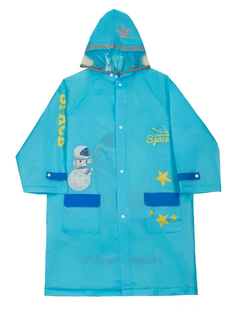 Front view of boys' blue space explorer raincoat with astronaut and space graphics.