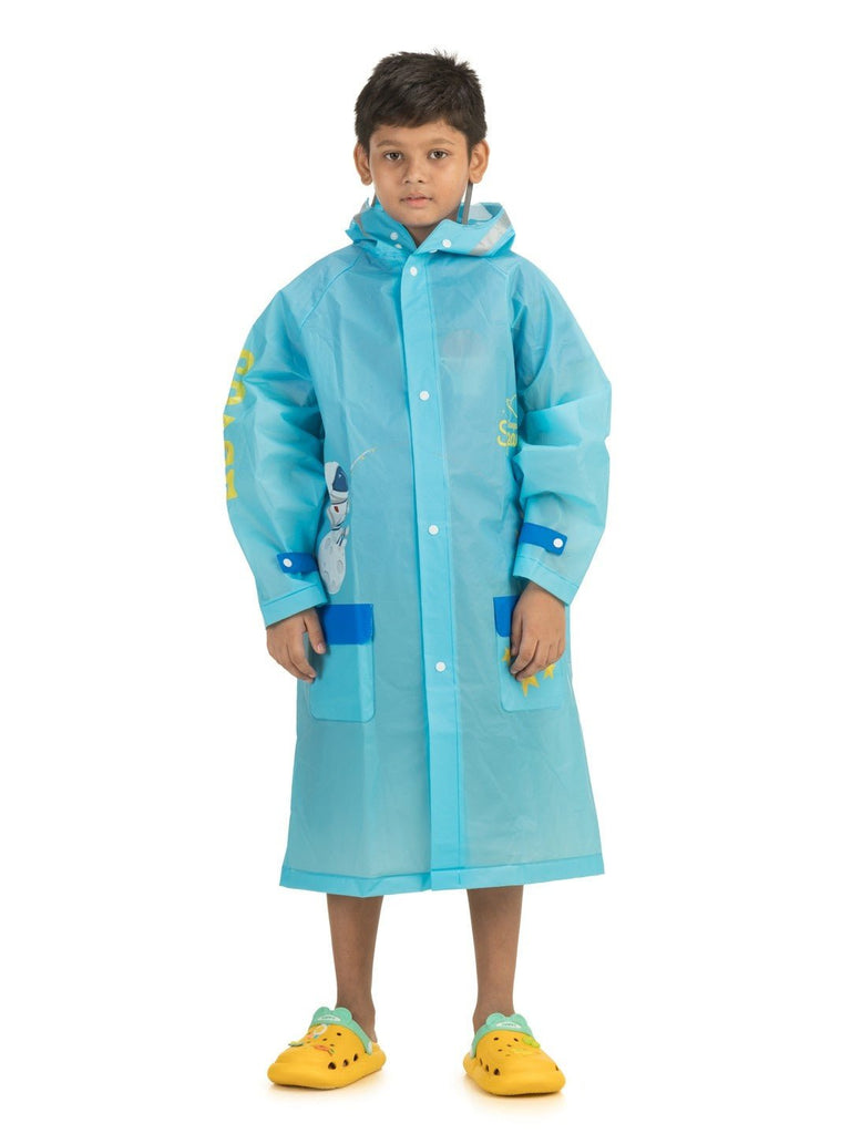 Full view of boys' blue space explorer raincoat with astronaut and space graphics.