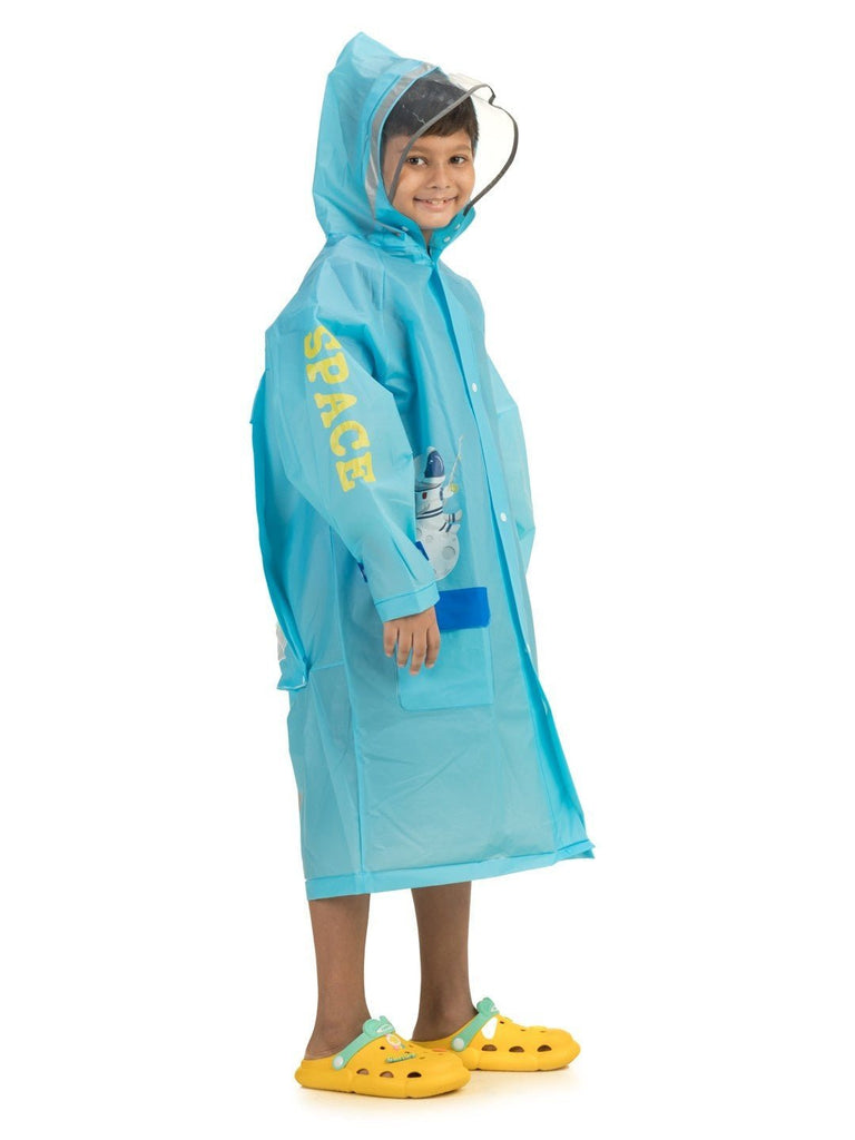 Side view of boys' blue space explorer raincoat with astronaut and space graphics.