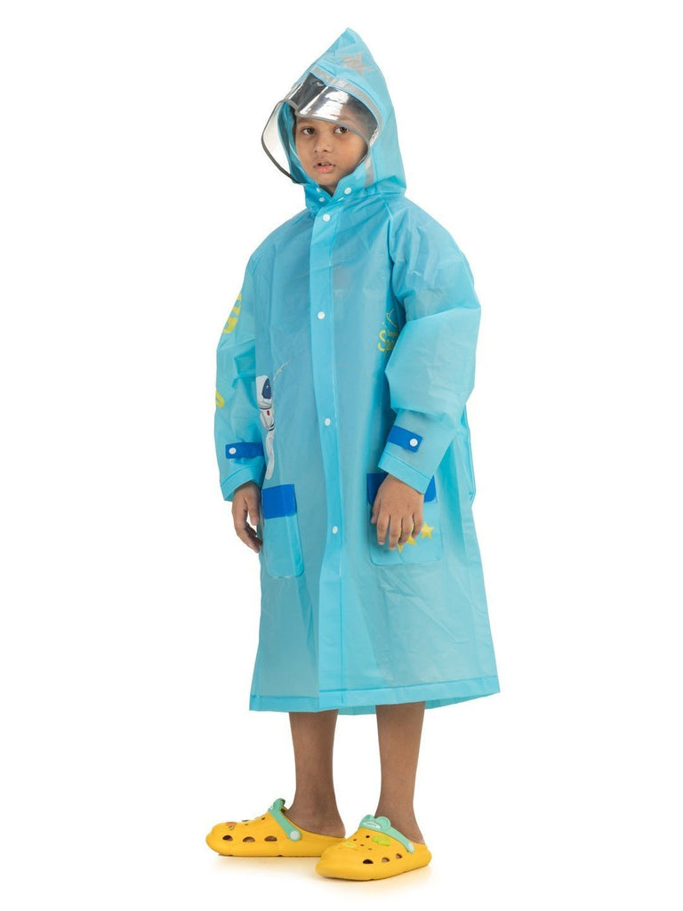 Angle view of boys' blue space explorer raincoat with astronaut and space graphics.