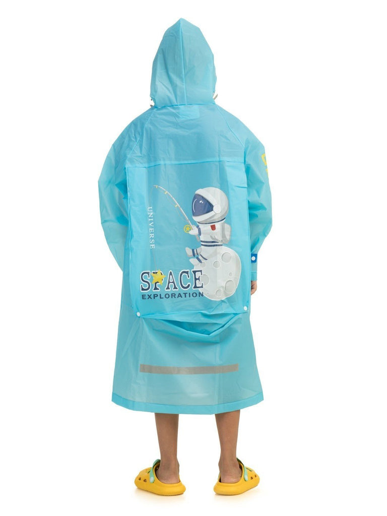 Back view of boys' blue space explorer raincoat with astronaut and space graphics.