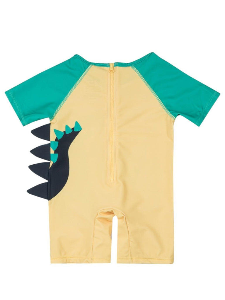 Boys’ “Cool Dude” Dinosaur Romper – 3D Tail & Spikes in Playful Yellow Design-Back View