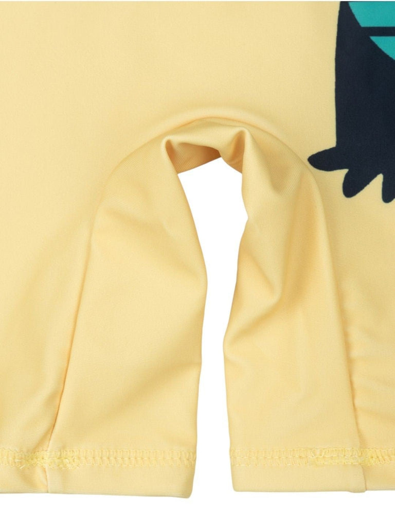 Boys’ “Cool Dude” Dinosaur Romper – 3D Tail & Spikes in Playful Yellow Design-Bottom Close Up View
