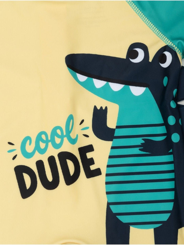 Boys’ “Cool Dude” Dinosaur Romper – 3D Tail & Spikes in Playful Yellow Design- Showing Design