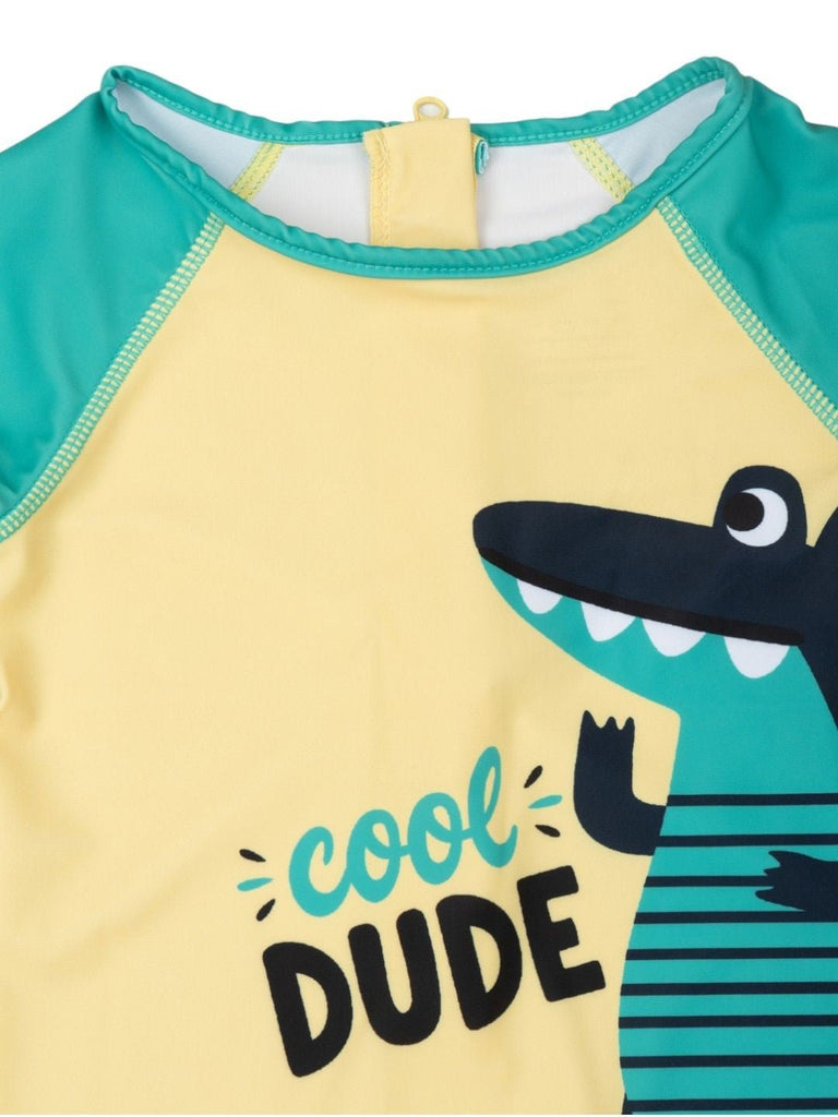 Boys’ “Cool Dude” Dinosaur Romper – 3D Tail & Spikes in Playful Yellow Design-Front Close Up View
