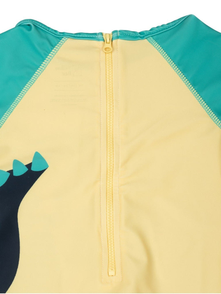 Boys’ “Cool Dude” Dinosaur Romper – 3D Tail & Spikes in Playful Yellow Design-Back Close Up View