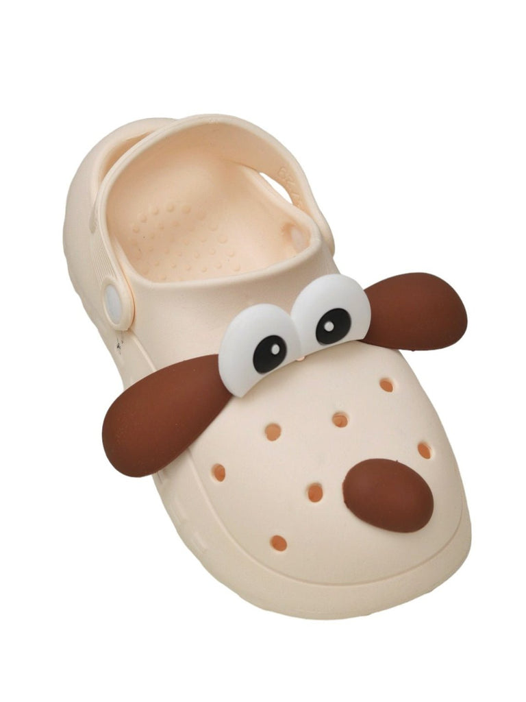 Front view of Yellow Bee Children's Puppy-Themed clogs showcasing the adorable puppy face.