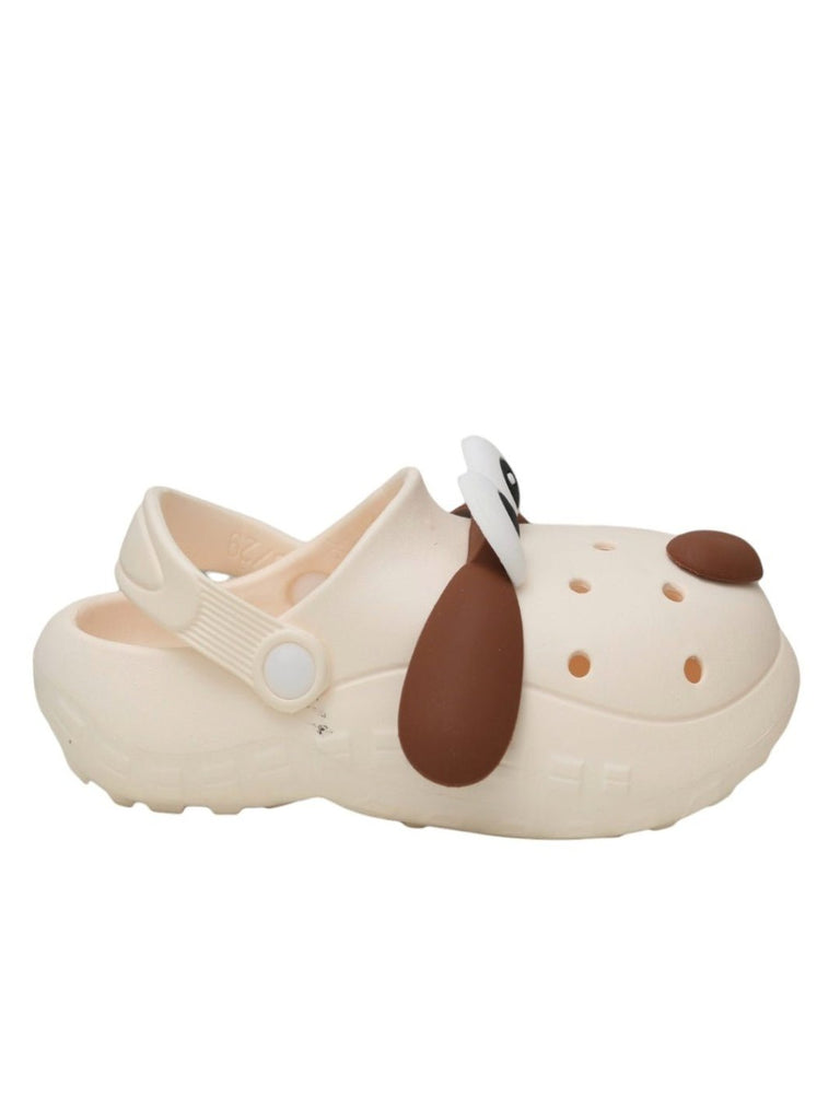 Angled side view of Yellow Bee's White Puppy-Themed clogs for playful children.