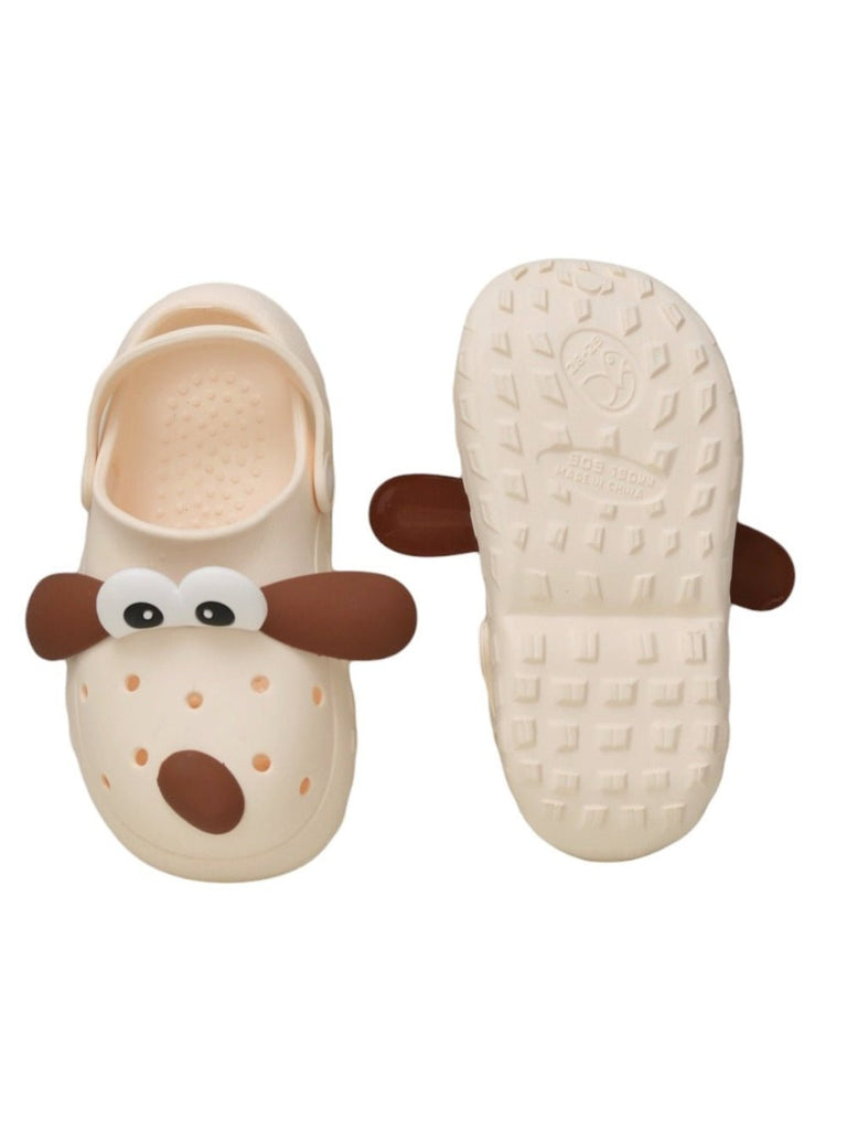  Front and back view of Yellow Bee's comfortable and cute Puppy-Themed clogs for kids.