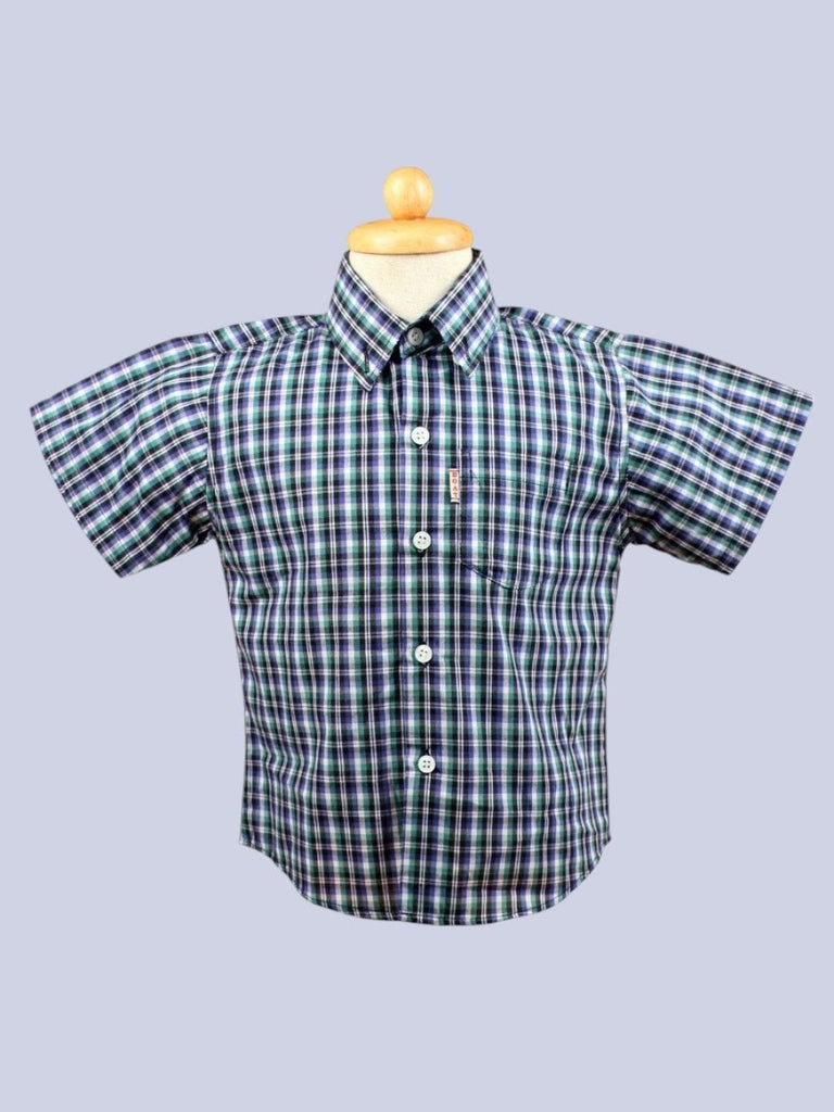 Boys_GreenandNavyPlaidShirtwithBowTie_SmartCasualShortSleeveOutfitFrontView