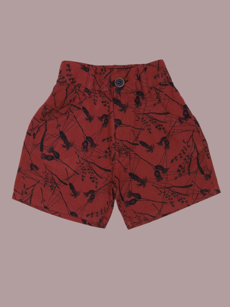  Bottom View of the maroon shorts from Boy’s Maroon Printed Vest and Shorts Set.