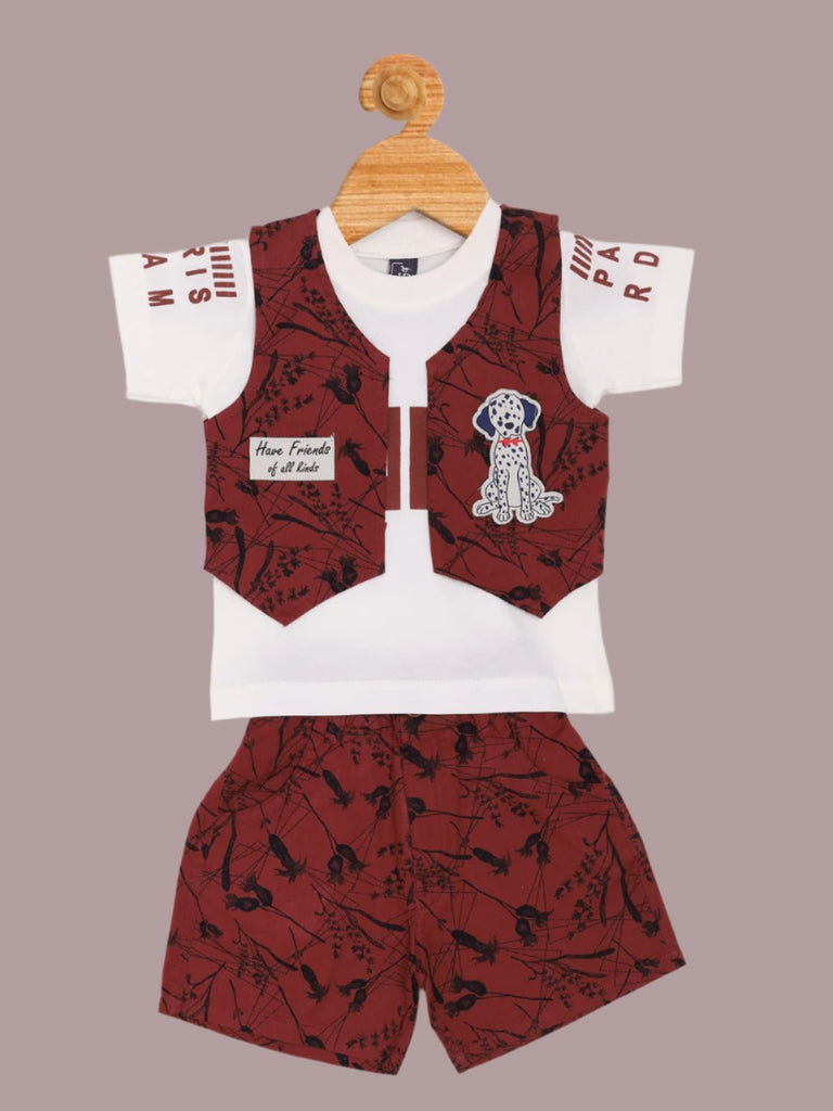 Full view of Boy’s Maroon Printed Vest and Shorts Set with Dalmatian Graphic T-Shirt showcasing the complete outfit.