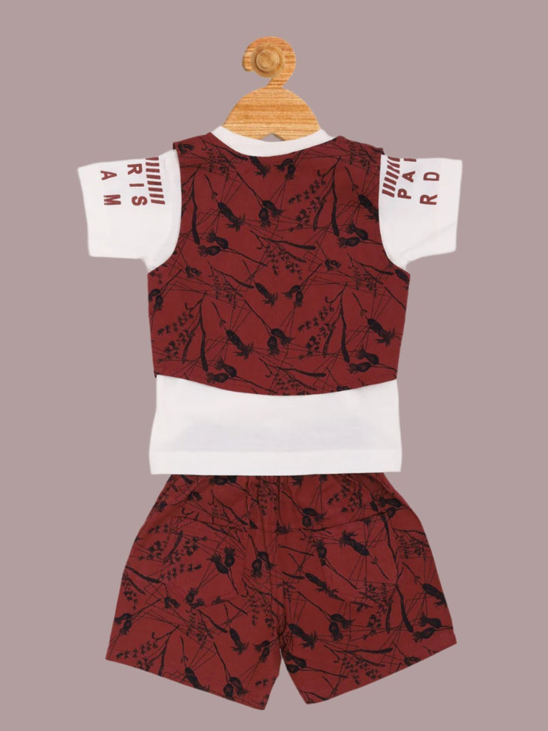 Back view of Boy’s Maroon Printed Vest and Shorts Set with Dalmatian Graphic T-Shirt highlighting the vest and shorts.