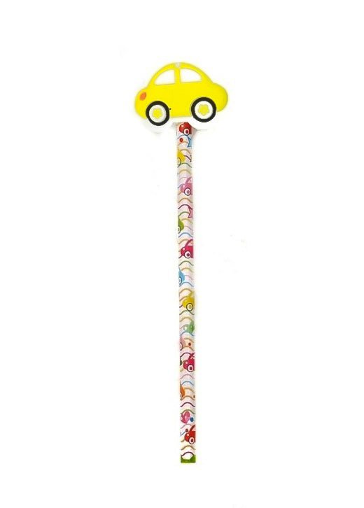 Front view of the Yellow Bee pencils with multicolored car tops and vibrant patterned bodies.