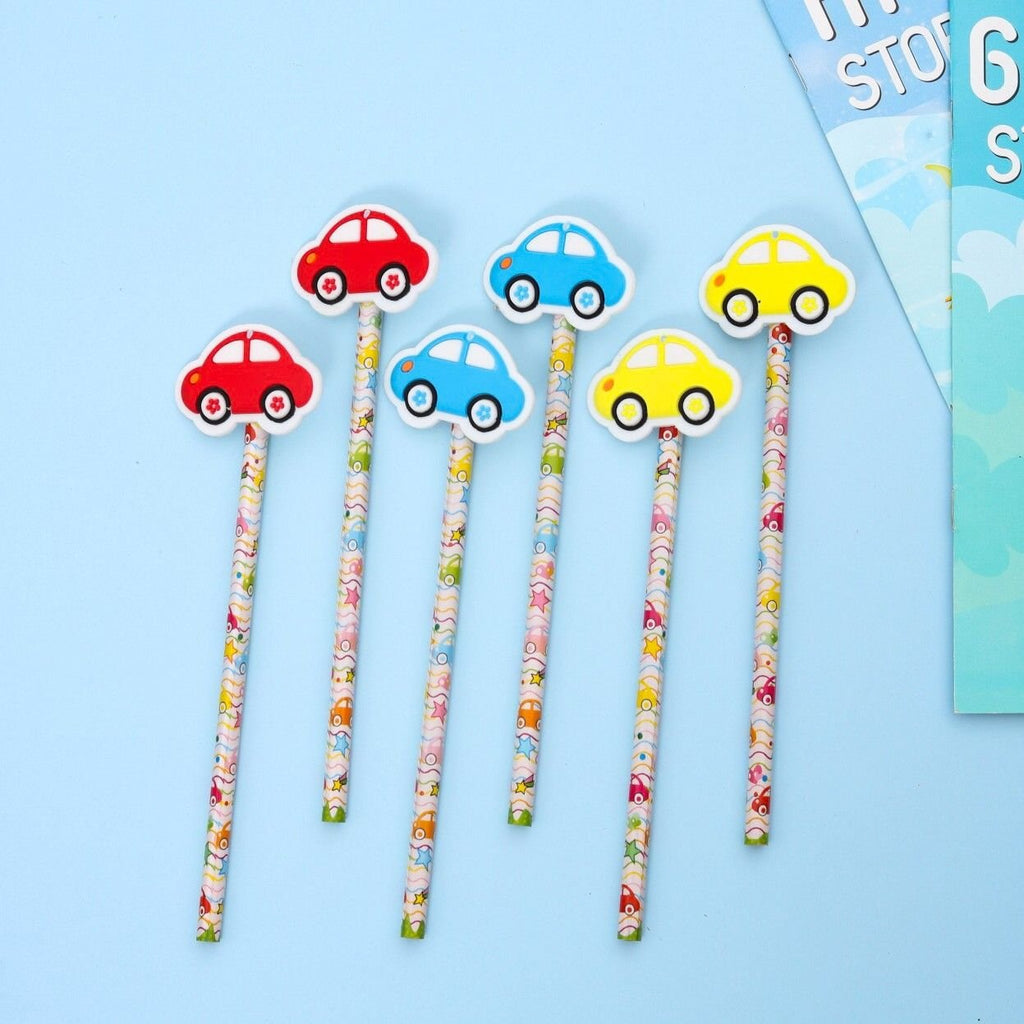 Front view of the Yellow Bee pencils with multicolored car tops and vibrant patterned bodies.