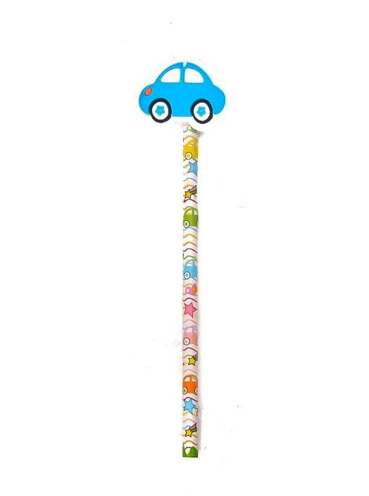 Close-up of the blue car motif on the Yellow Bee pencil, part of the multicolor pack for kids.