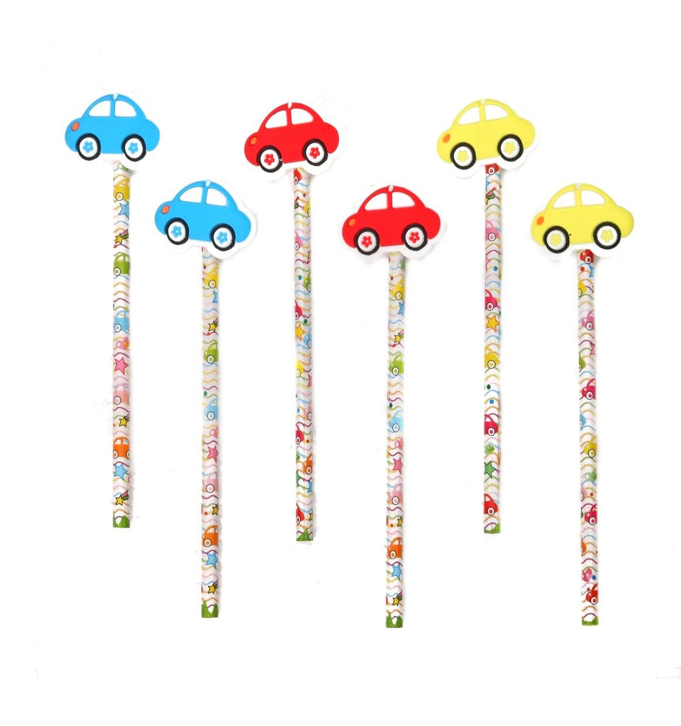 Yellow Bee pencils with blue, yellow, and red car motifs for kids in a pack of 6.