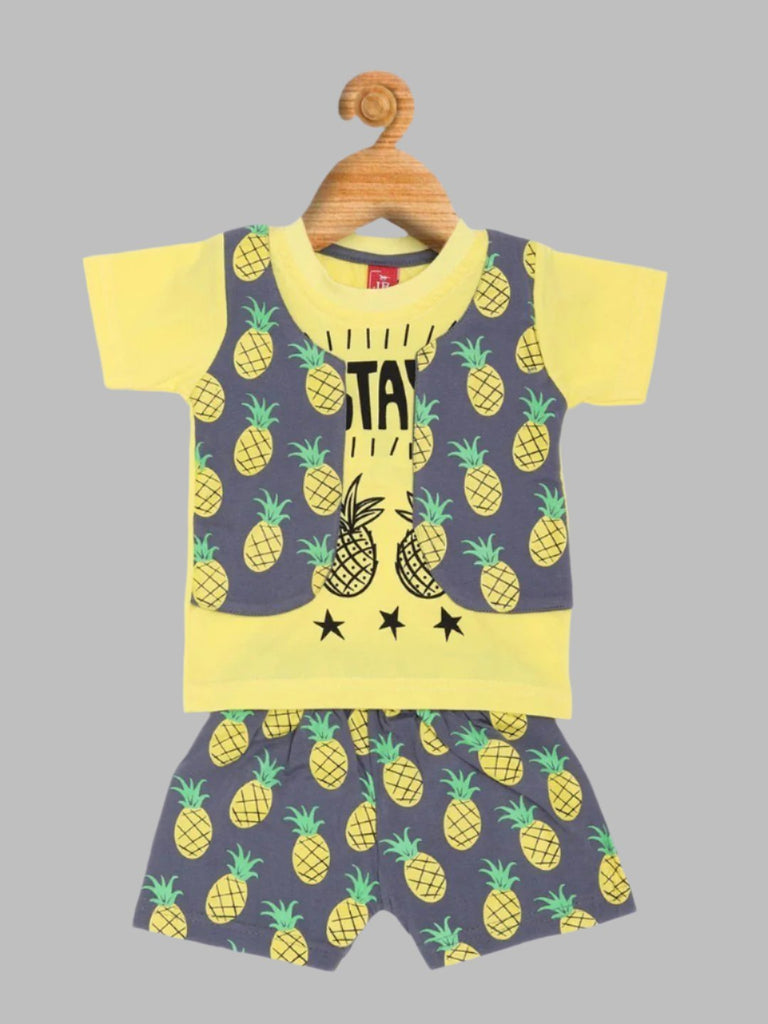 Full view of Jaybee boy’s tropical pineapple print t-shirt and shorts set.