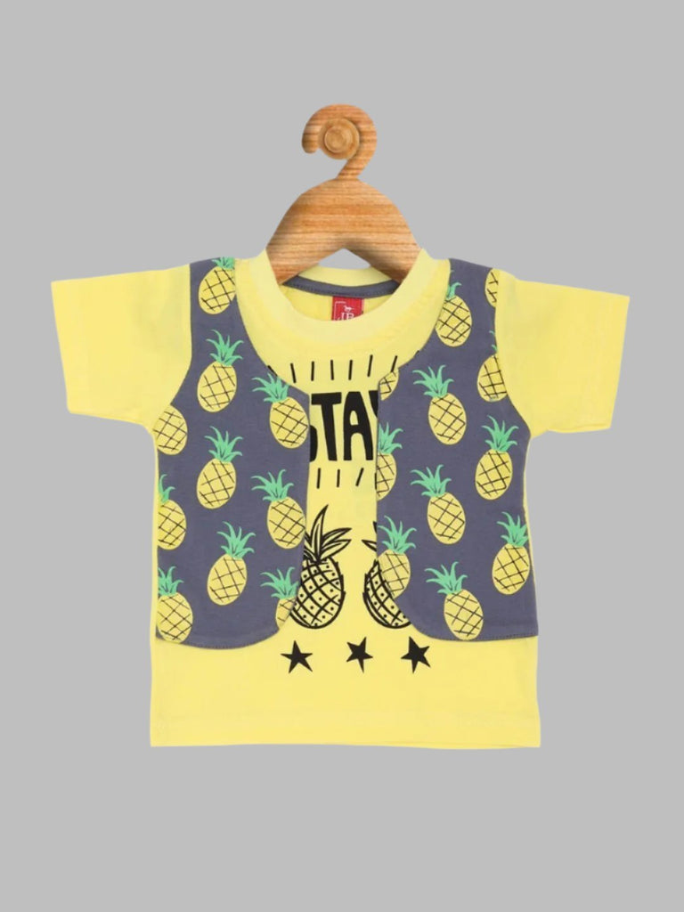  Front view of Jaybee boy’s pineapple print t-shirt with yellow sleeves and tropical design.