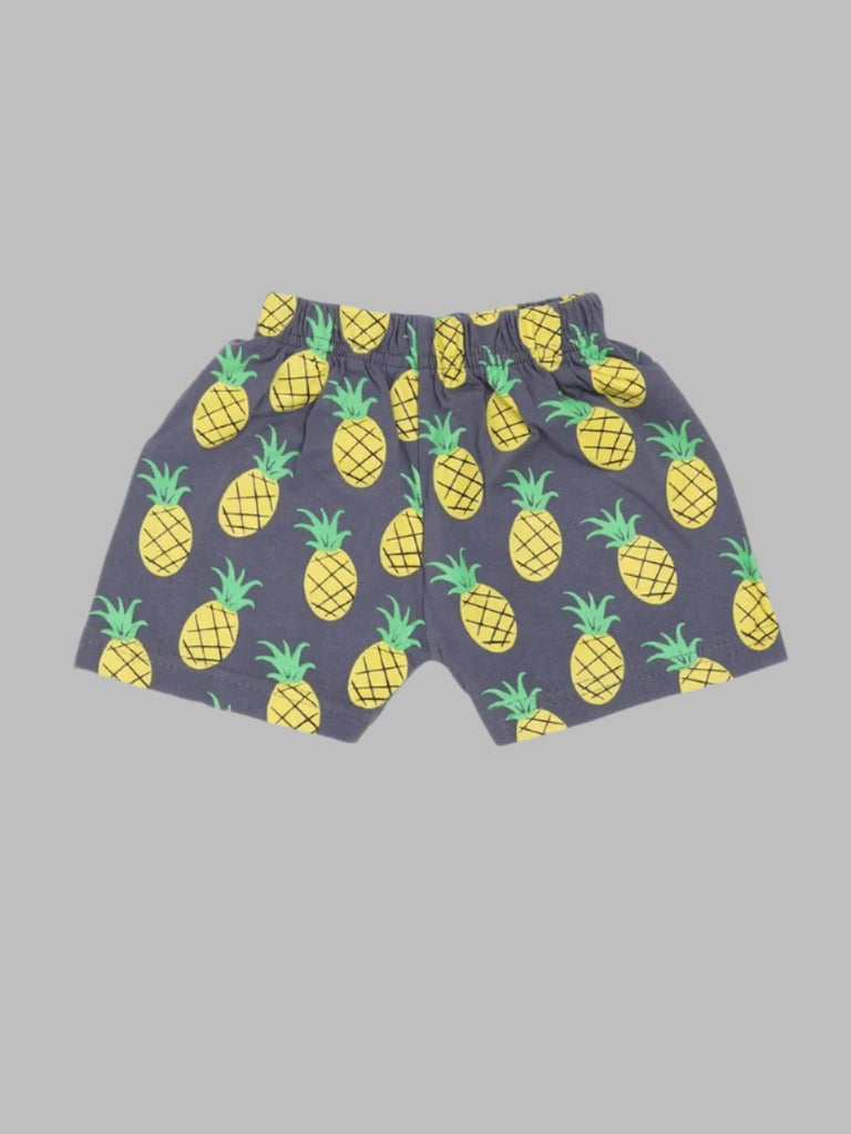 Front view of boy's shorts with a vibrant pineapple print on gray fabric.