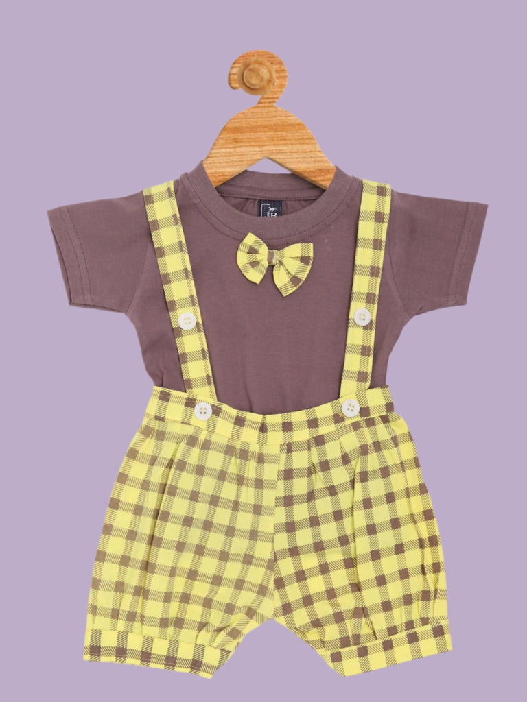 Full view of Jaybee boy’s plaid suspender shorts outfit with brown t-shirt and matching bow tie.