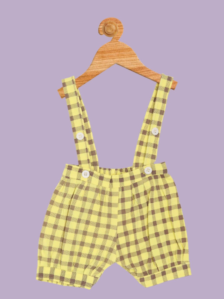 Front view of plaid suspender shorts from Jaybee boy’s outfit.
