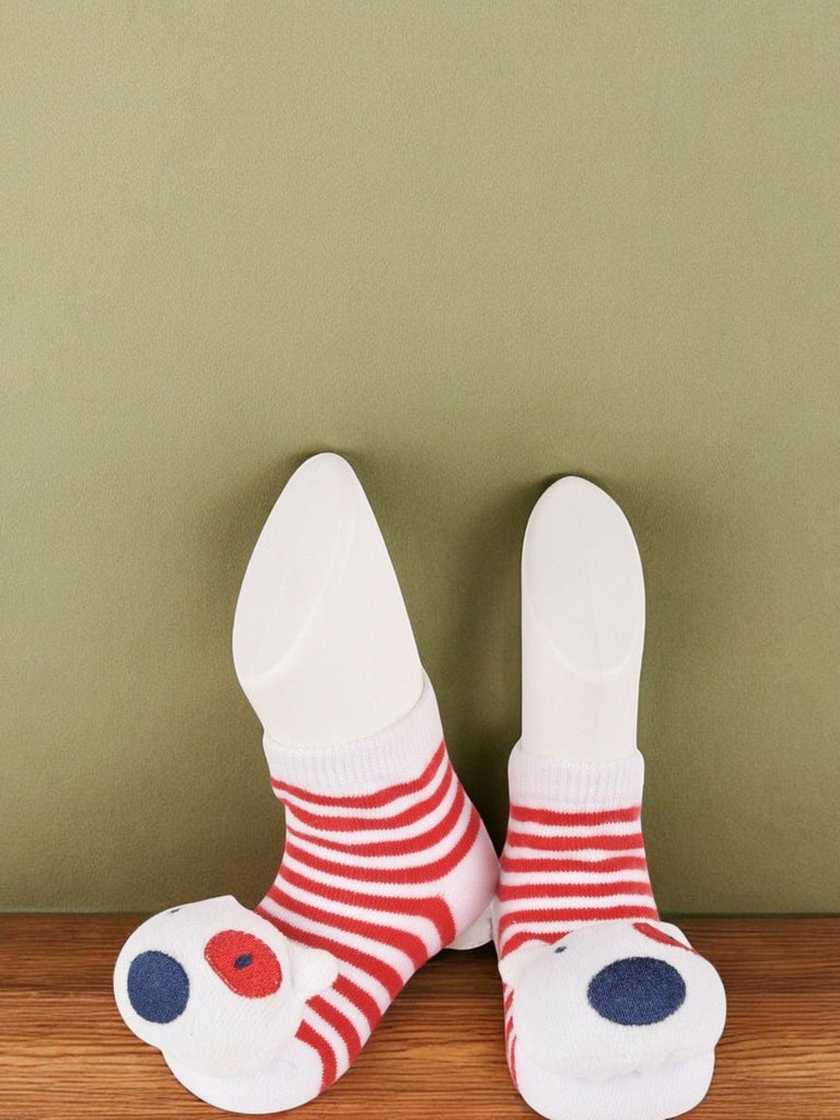 Boy’s Red Striped Socks with 3D Bear Face Design