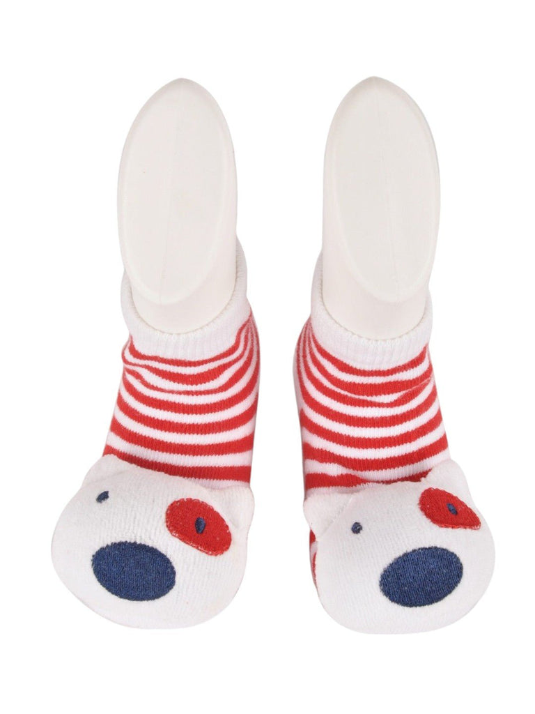 Detailed front view of red-striped baby socks with 3D bear face.

