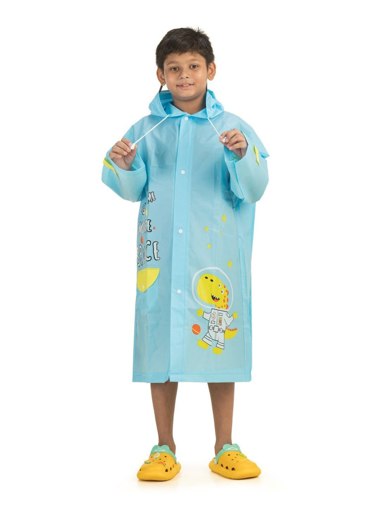 Boys Sky Blue Dino Astronaut Raincoat-Model Front View