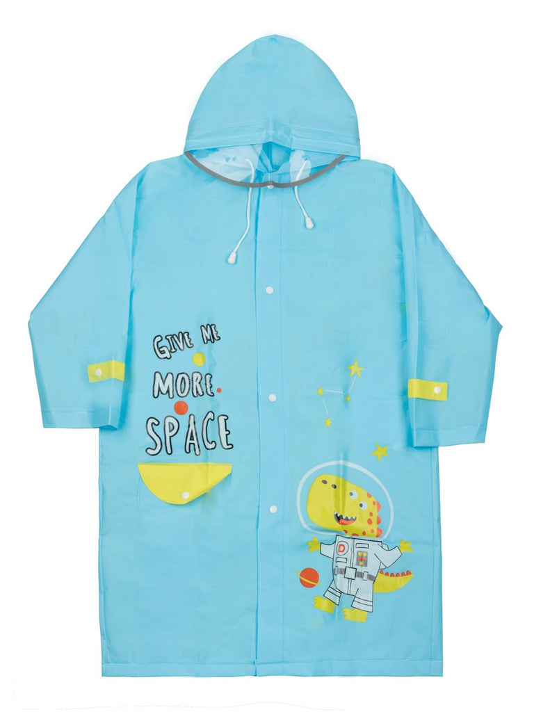 Front view of Yellow Bee boys' sky blue raincoat featuring a dino astronaut design.