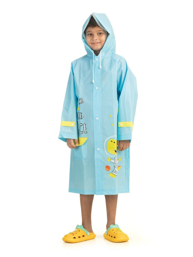 Boys Sky Blue Dino Astronaut Raincoat-Model Hooded full View