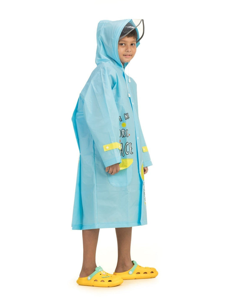 Boys Sky Blue Dino Astronaut Raincoat-Model Right Angle View