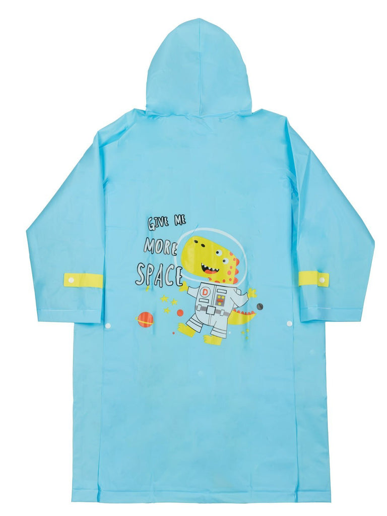 Back view of Yellow Bee boys' sky blue dino astronaut raincoat with adjustable hood.