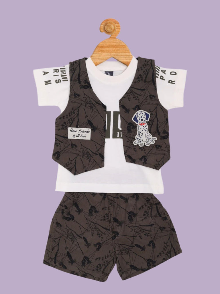 Full view of Boy’s Stylish Printed Vest and Shorts Set with Dalmatian Graphic T-Shirt showing the coordinated outfit.