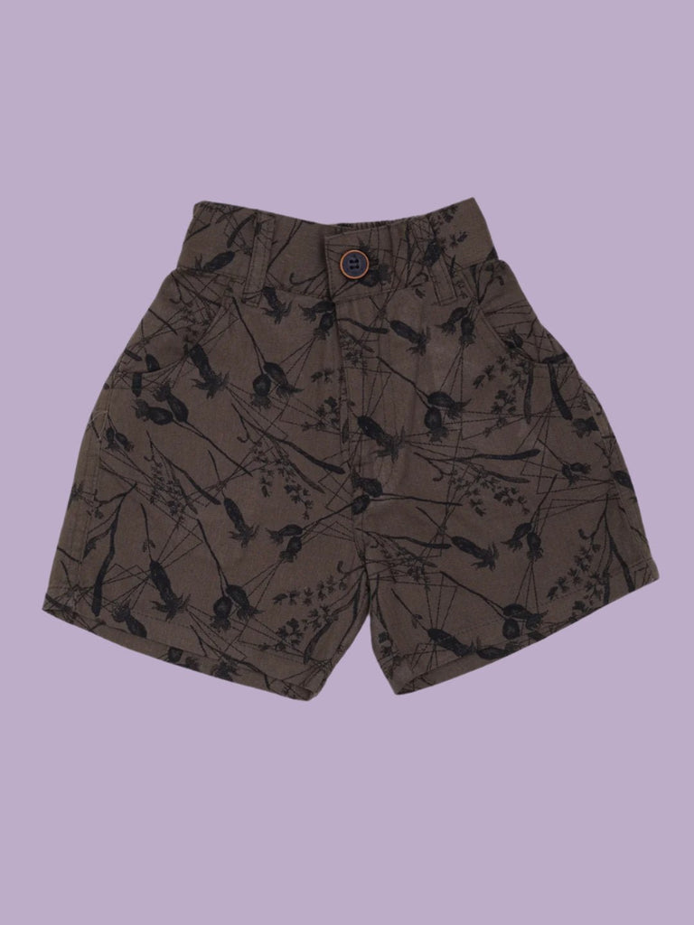 Back View of the printed shorts from Boy’s Stylish Printed Vest and Shorts Set with Dalmatian Graphic T-Shirt, highlighting the button detail.