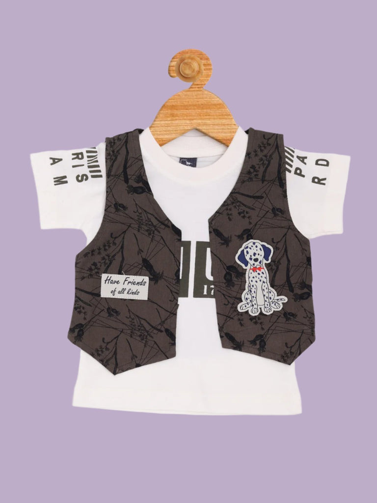 Front view of Boy’s Stylish Printed Vest and Shorts Set with Dalmatian Graphic T-Shirt showcasing the full outfit.