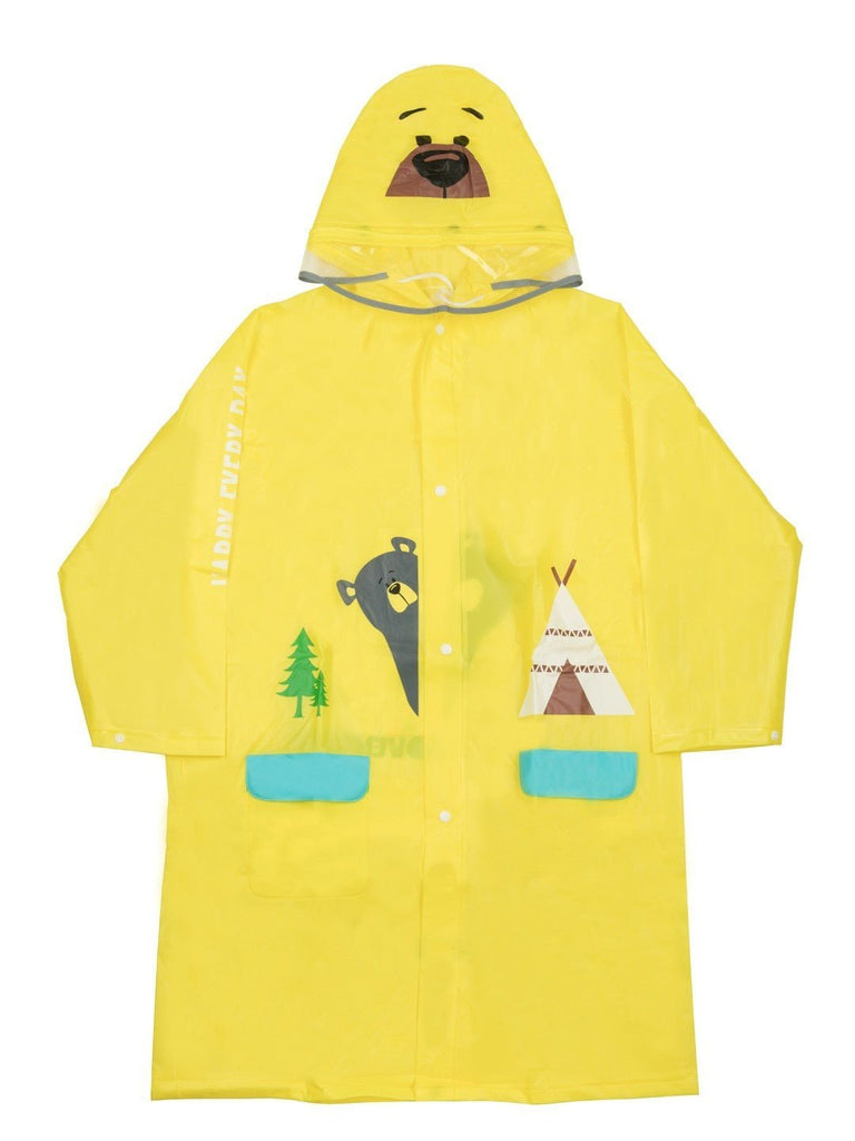 yellow bee adventure raincoat with bear hood and playful print front view.