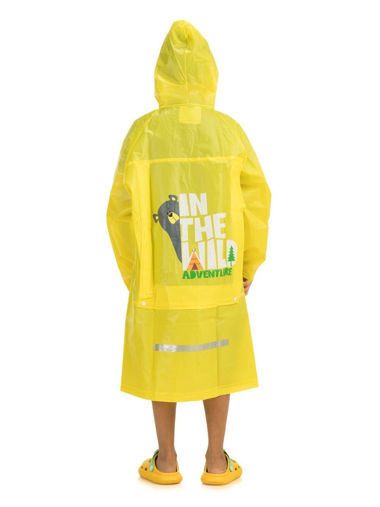 yellow bee adventure raincoat with bear hood and playful print back view.