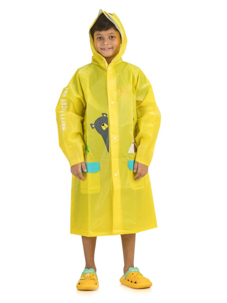 yellow bee adventure raincoat with bear hood and playful print full front view.