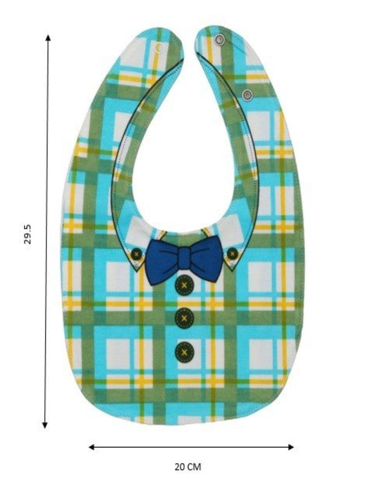 Size dimensions of Yellow Bee bright check bow tie silicone baby bib for boys.