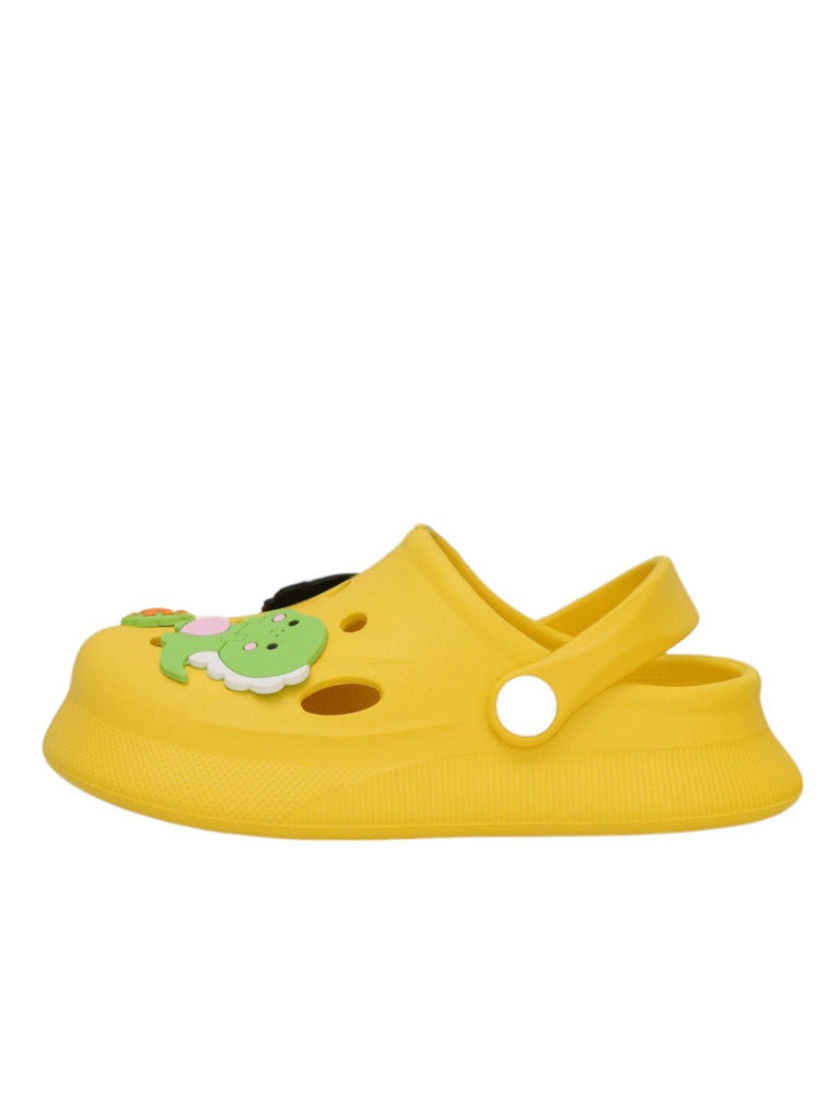 Side view of Yellow Bee's yellow dino-themed clogs for playful boys.