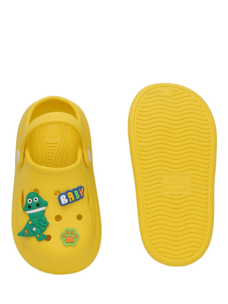 Back view of Yellow Bee's yellow clogs with secure heel strap for adventurous play.