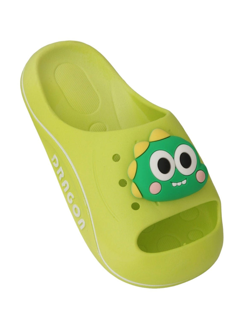 Angle view of Bright Green Adorable Dino Sliders for Boys showing detailed design