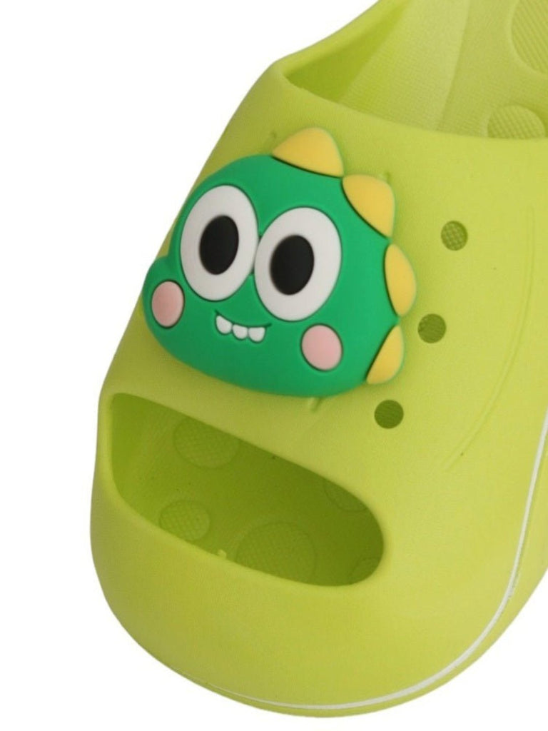 Close-up view of Bright Green Adorable Dino Sliders for Boys highlighting the cute Dino face