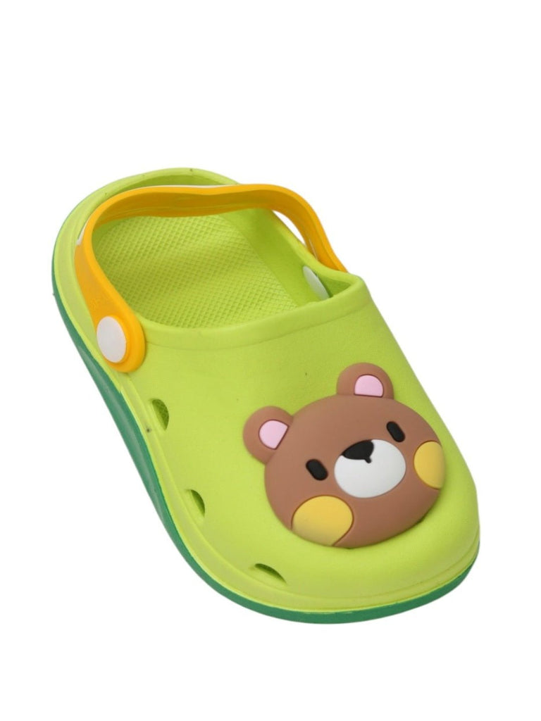 Angle View from an angle showing the bright green color and cute bear design of the clogs.